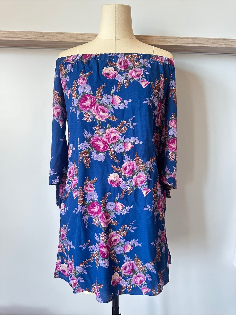 Off-Shoulder Floral Shift Dress in Blue and Pink